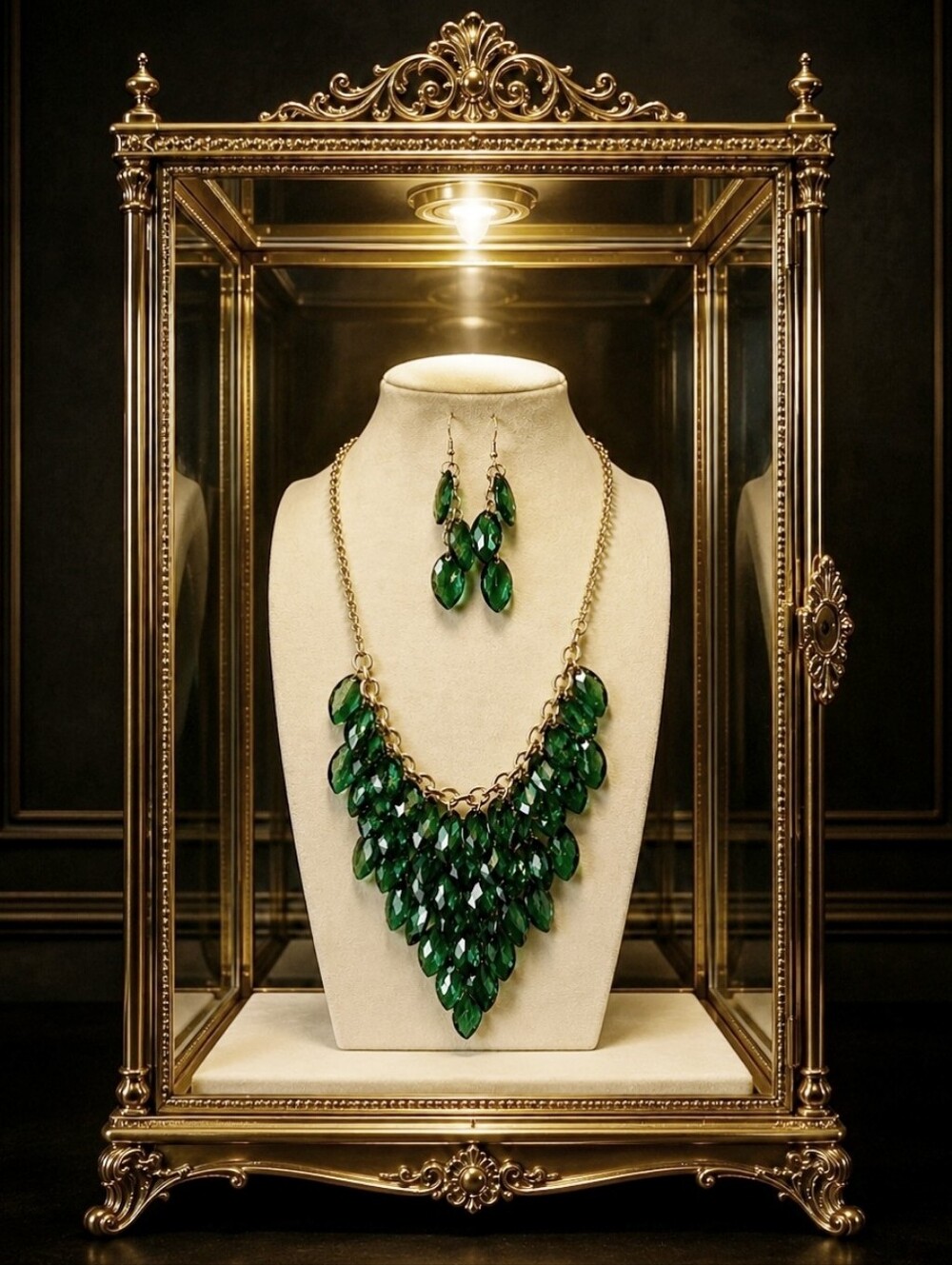 Faceted Transparent Green Acrylic Statement Necklace and Earrings Gold Tone NWOT